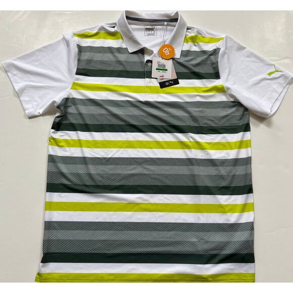 PUMA New Mens 2018 Turf Stripe Polo Bright White/Laurel Wreath 576923 04 204H L - Picture 1 of 16